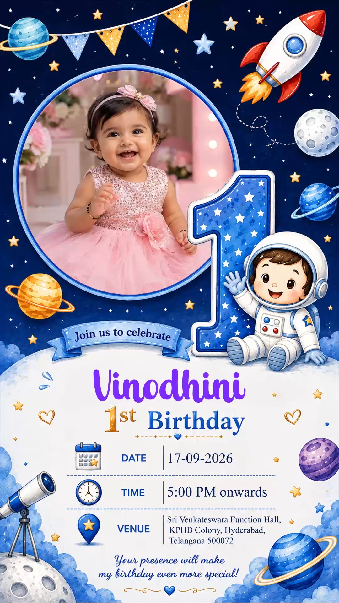 Space Theme First Bday Invitation