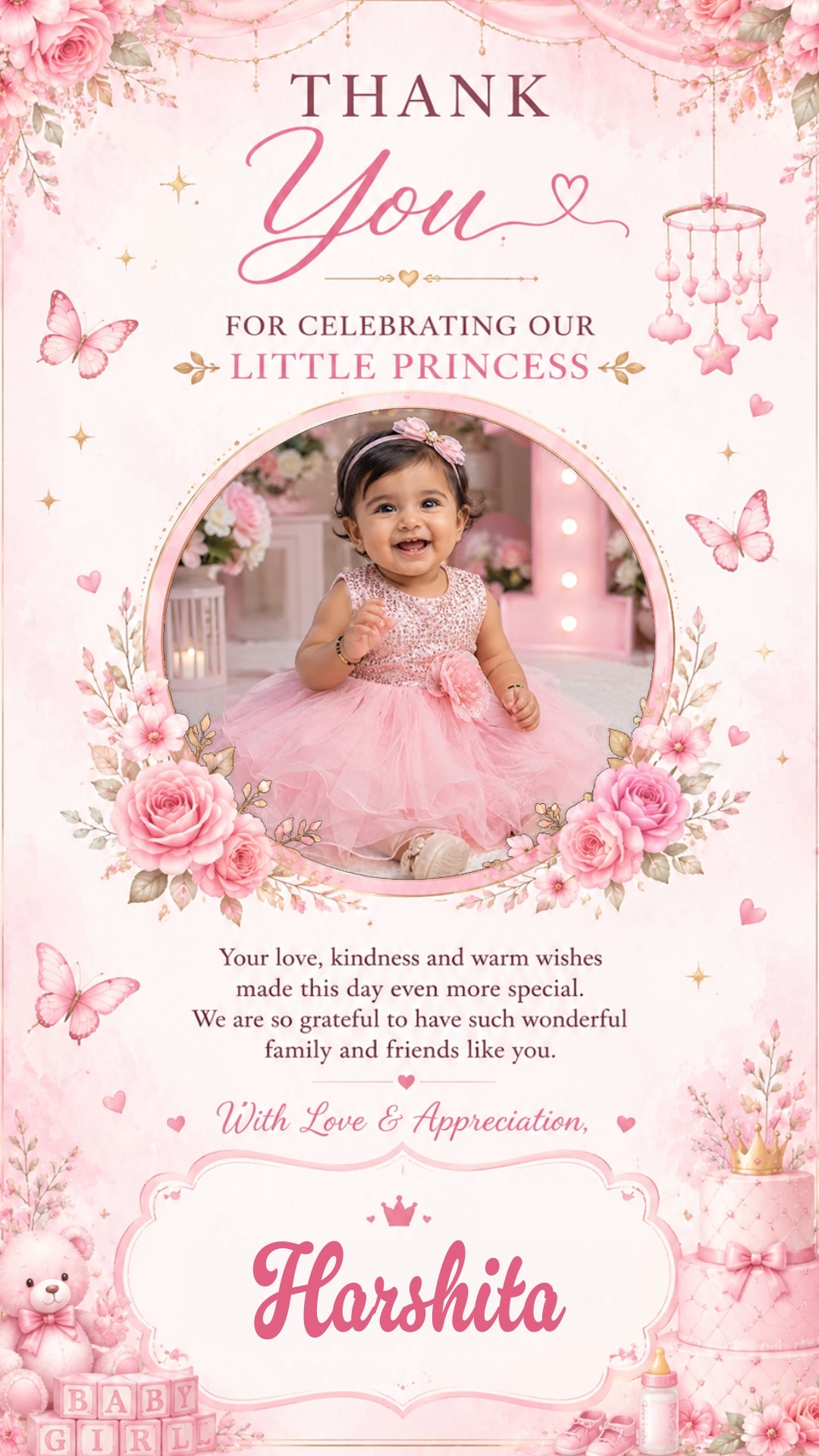 Pink Floral Baby Girl Thank You