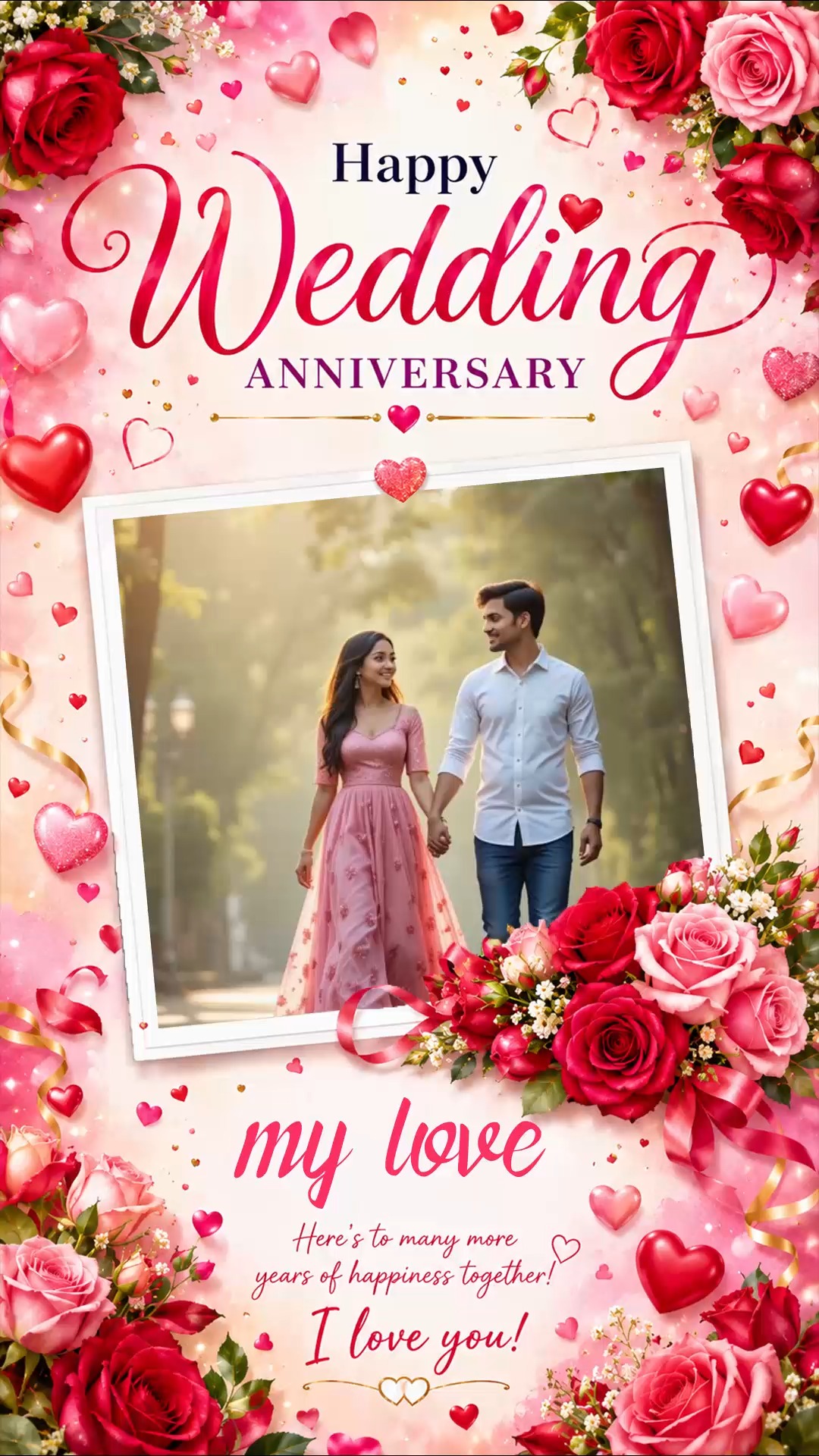 Floral Pink Hearts Wedding Anniversary