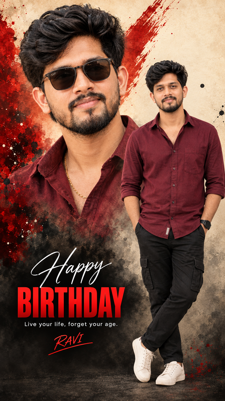 Cinematic Grunge Red and Cream Birthday Tribute Poster