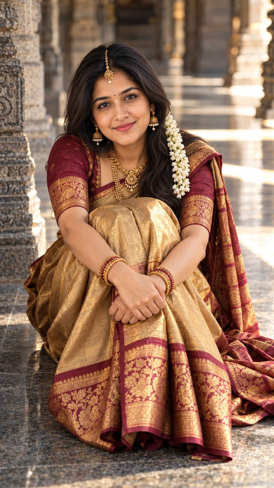 Temple Corridor Silk Saree Portrait