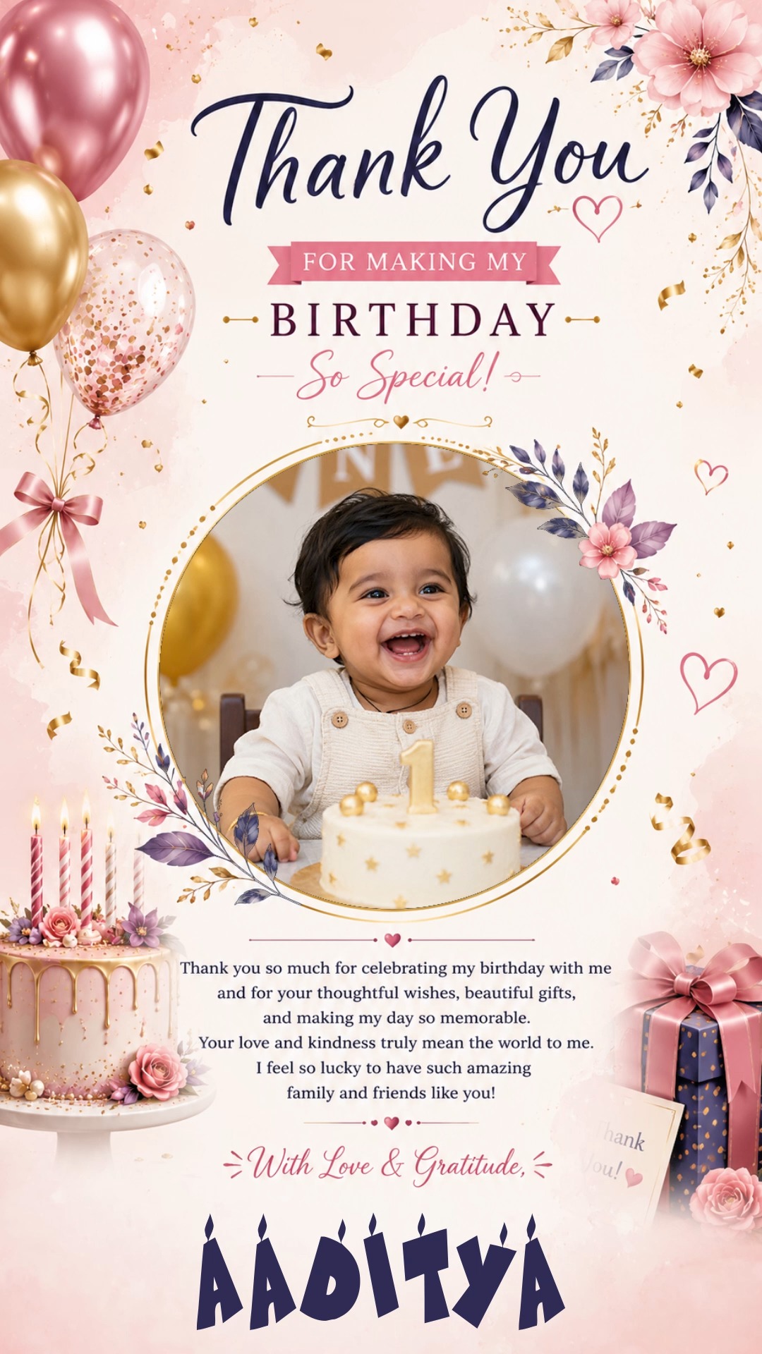Floral Pink First Birthday Thank You