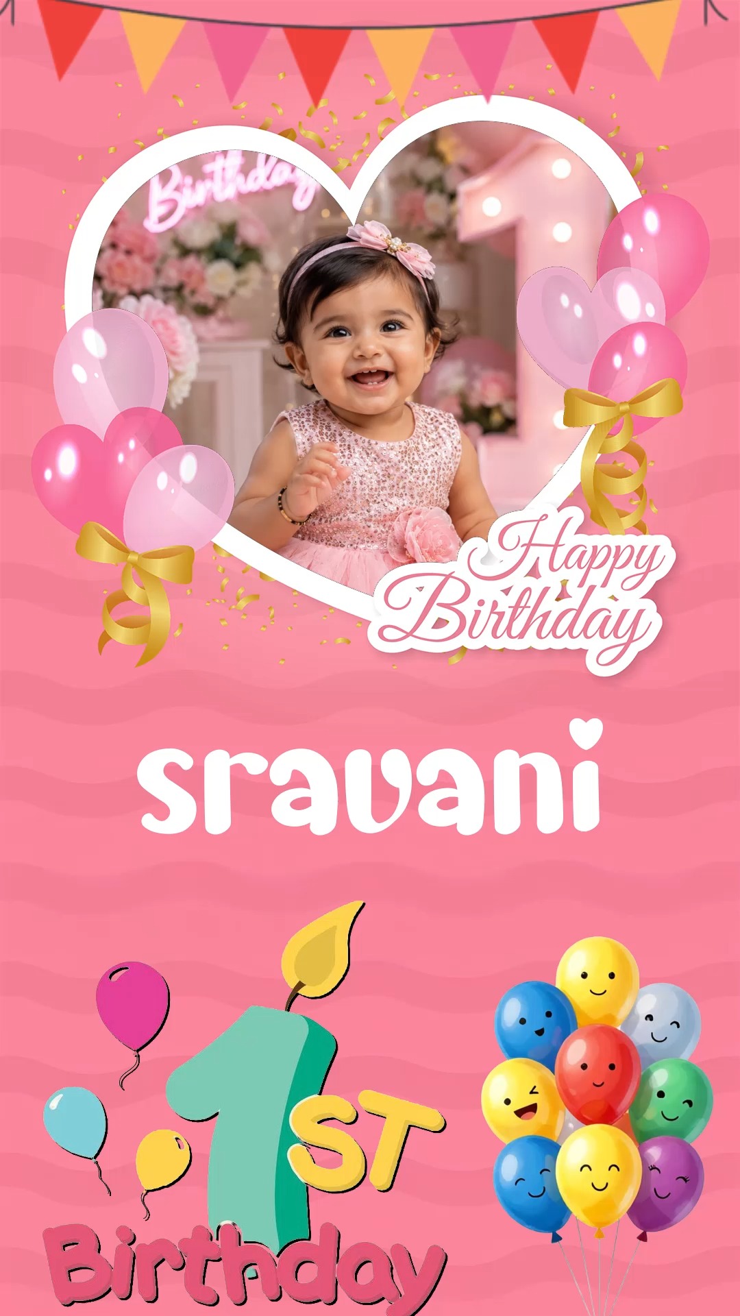 Pink Heart Balloon 1st Birthday Poster