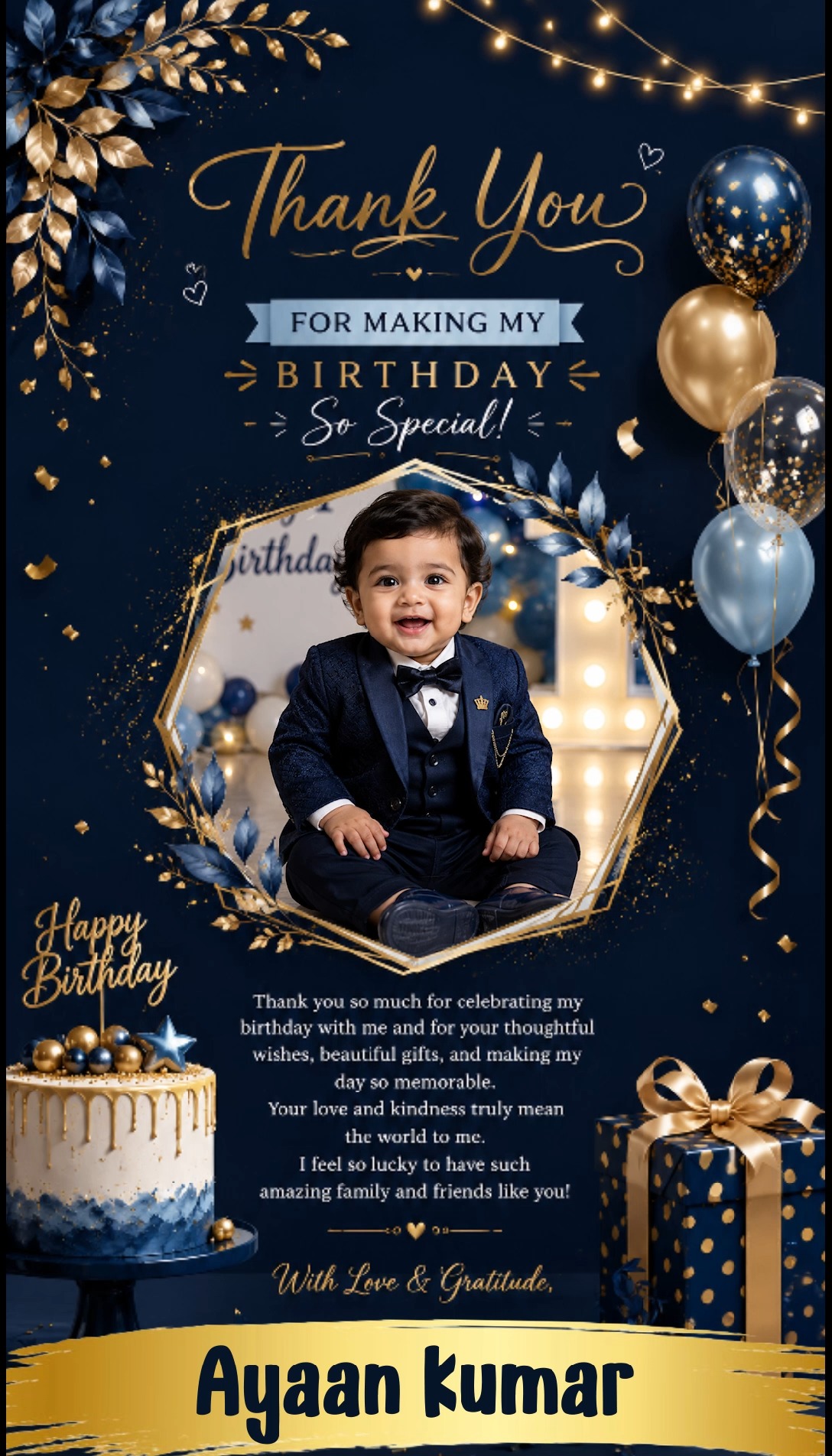 Navy Gold Boy Birthday Thank You