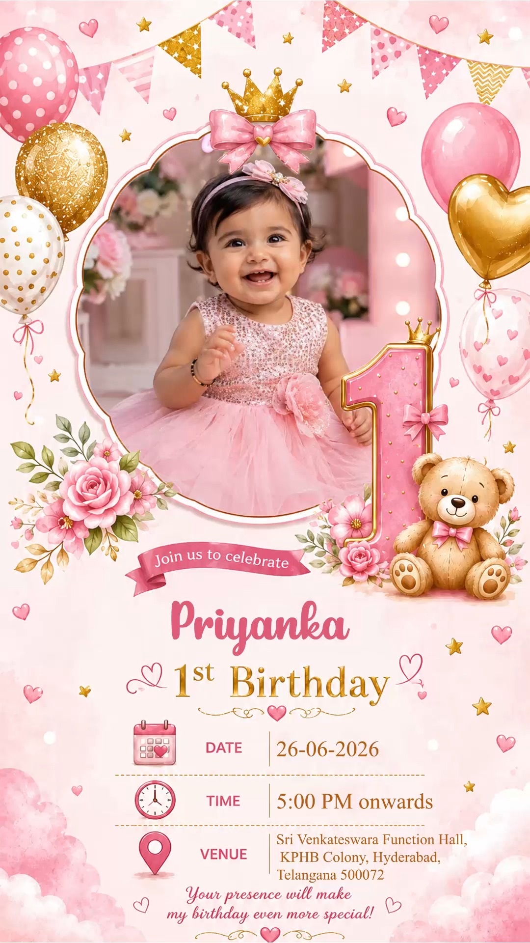Pink Teddy Bear First Bday
