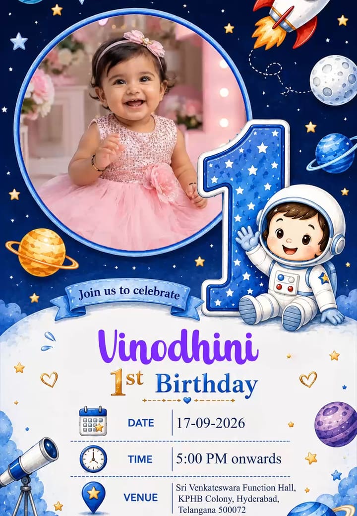 Space Theme First Bday Invitation — first birthday invitation card template on Tellow