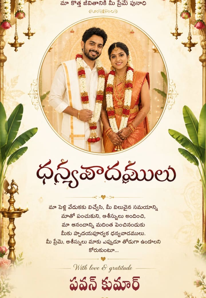 Traditional Telugu Wedding Thanks You Card — free wedding invitation template on Tellow