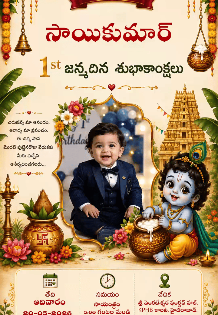 Krishna Gopuram Marigold First Birthday — first birthday party template on Tellow