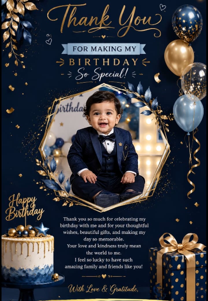 Navy Gold Boy Birthday Thank You — first birthday invitation card template on Tellow