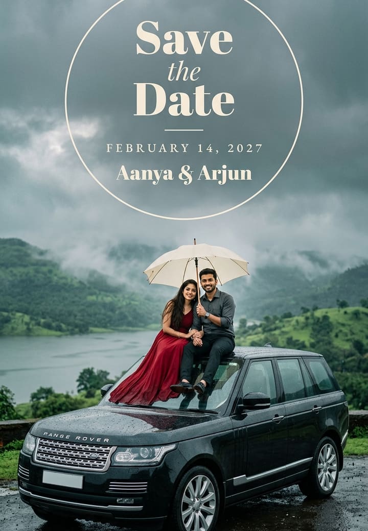 Misty Mountain Monsoon Save the Date Announcement — wedding invitation card template on Tellow