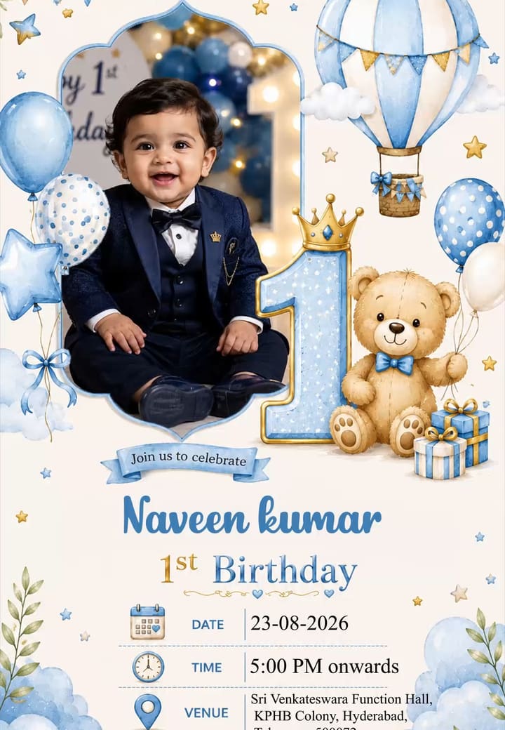 Blue Teddy Bear First Bday — first birthday invitation card template on Tellow