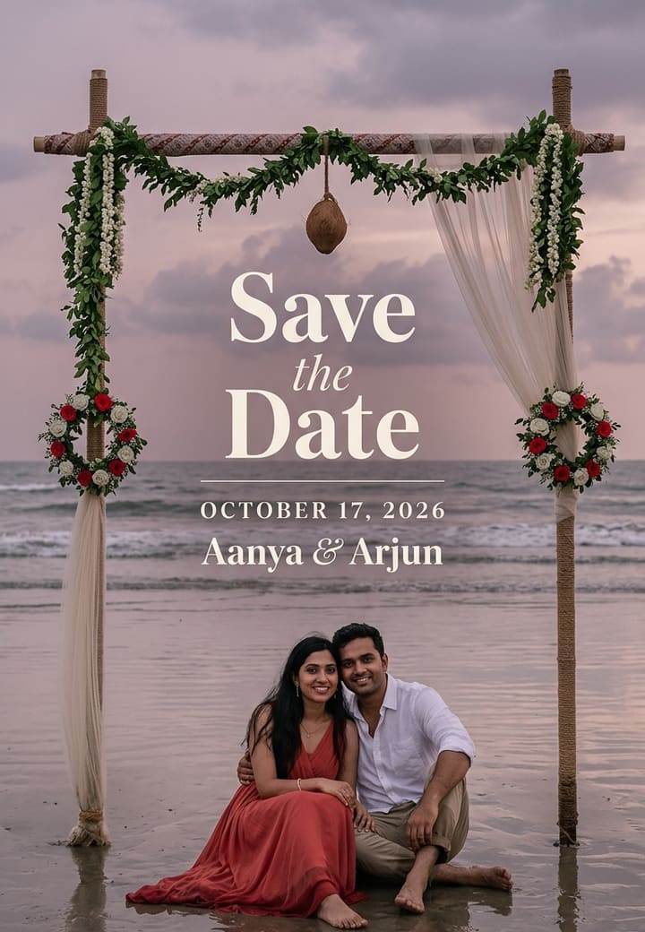 Rustic Beach Mandap at Dusk — wedding invitation card template on Tellow