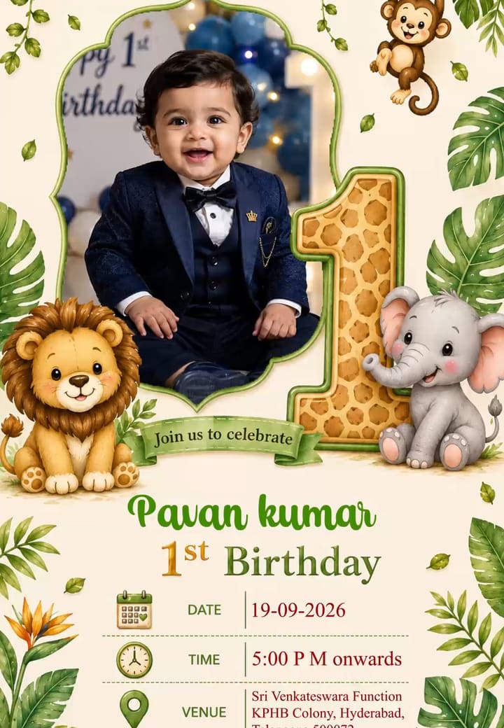 Jungle Theme First Bday — Marathi 1st birthday invitation card on Tellow