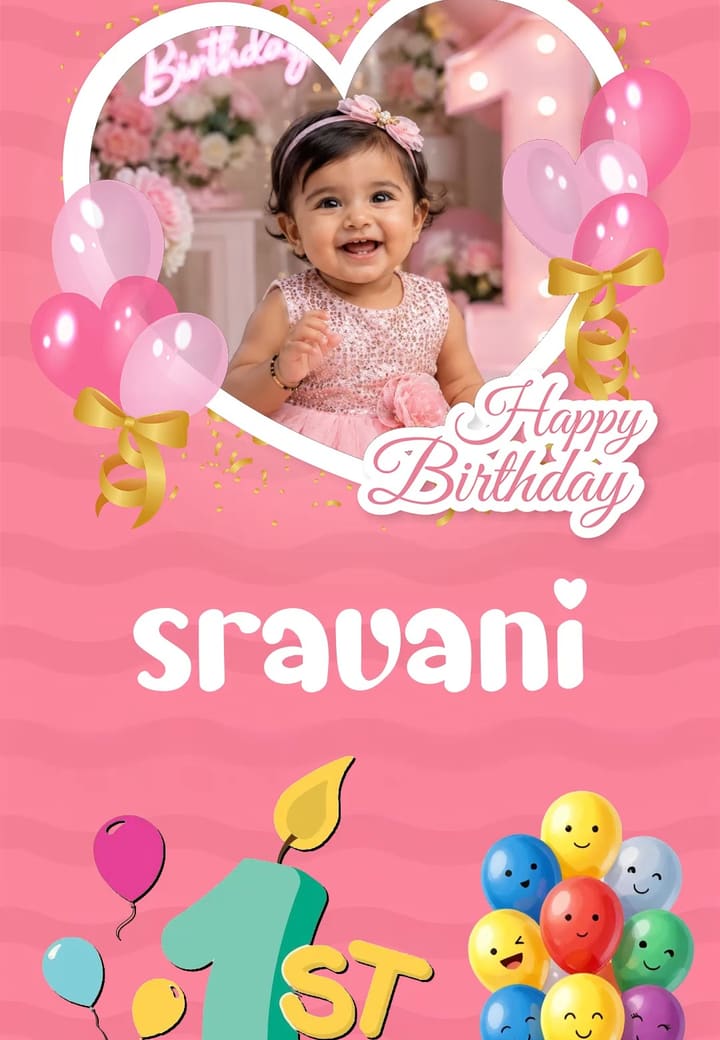 Pink Heart Balloon 1st Birthday Poster — first birthday invitation card template on Tellow