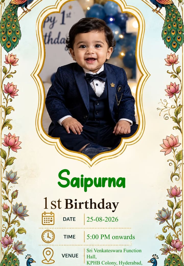 Peacock Floral First Bday — first birthday invitation card template on Tellow