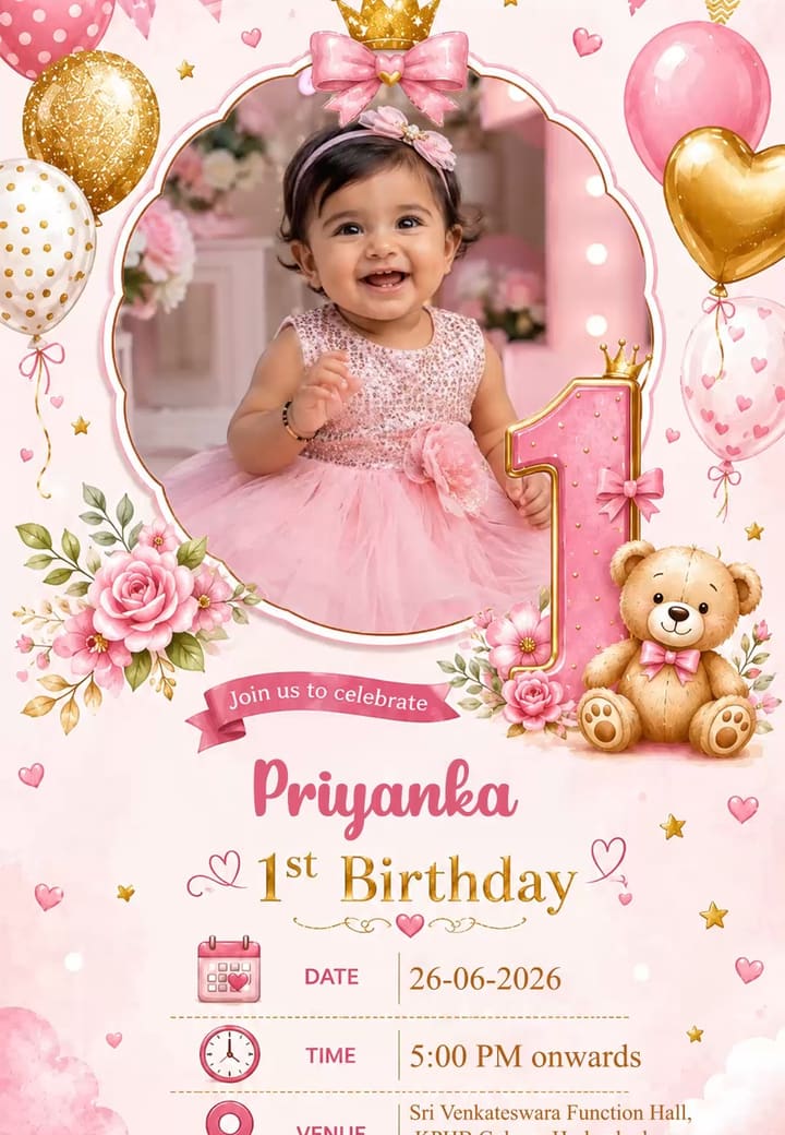 Pink Teddy Bear First Bday — Marathi 1st birthday invitation card on Tellow