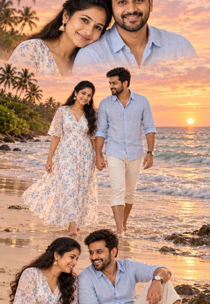 Dusty Blue Floral Beach Couple Collage — pre-wedding template on Tellow