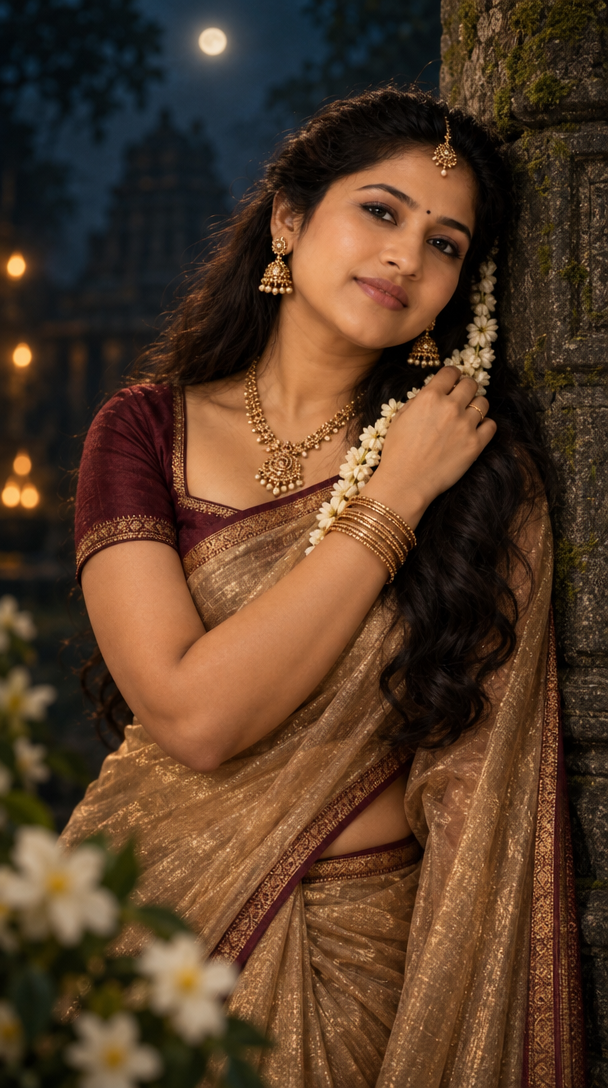 Muted Gold and Maroon Saree Elegance Poster