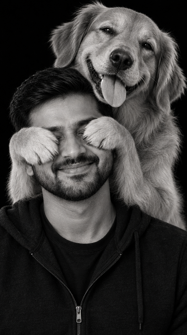 Black And White Playful Dog and Human Portrait