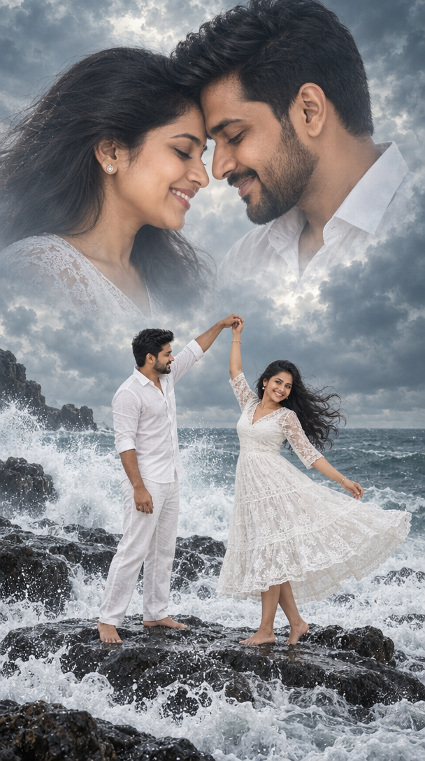 Romantic Teal Gray Double-Exposure Couple Poster