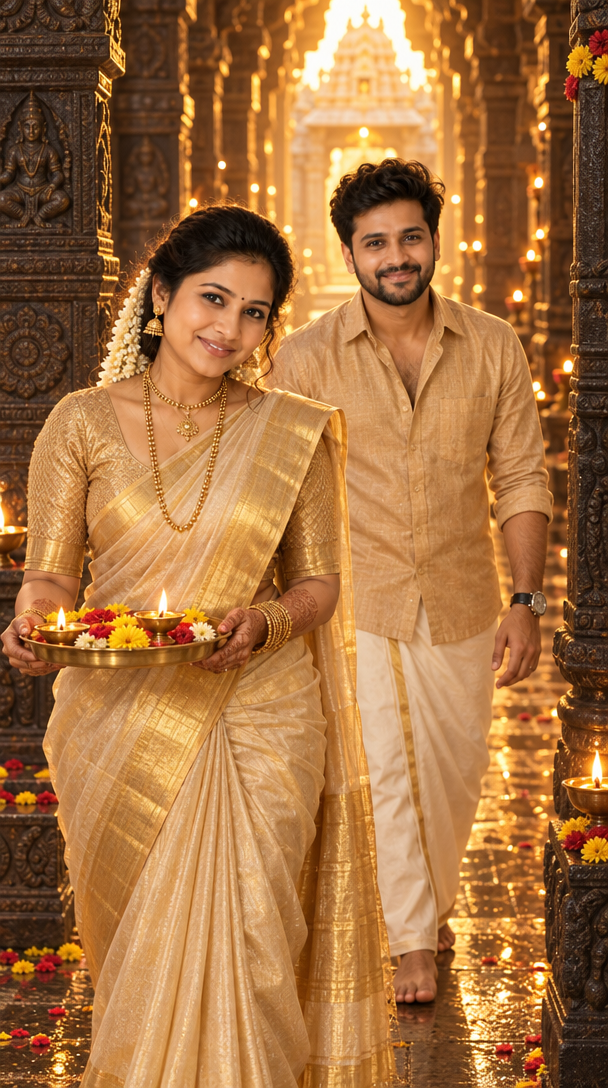 Golden-Champagne Temple Couple Portrait